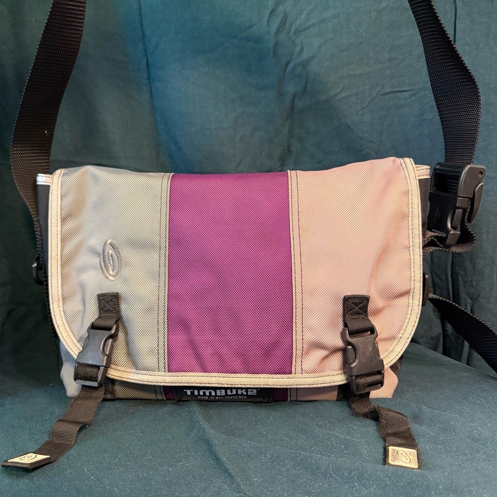 Timbuk2 Tri-Panel Messenger Bag in Purple, Gray, and Pink